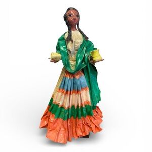 Vintage Mexican Paper Mache Folk Art Woman Figurine Lupita Doll Handmade 9” tall